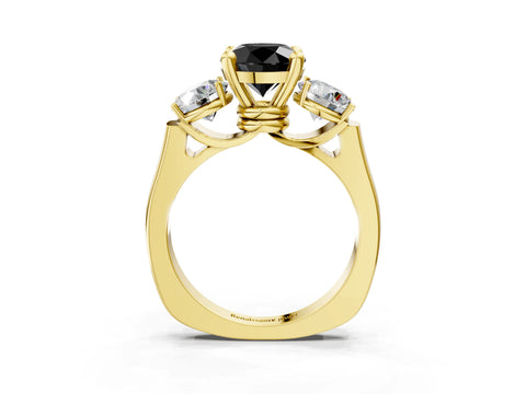 Yellow gold Three-Stone Fancy Black Round Cut Brilliant Diamond Trellis Ring with Comfort Fit Band_15