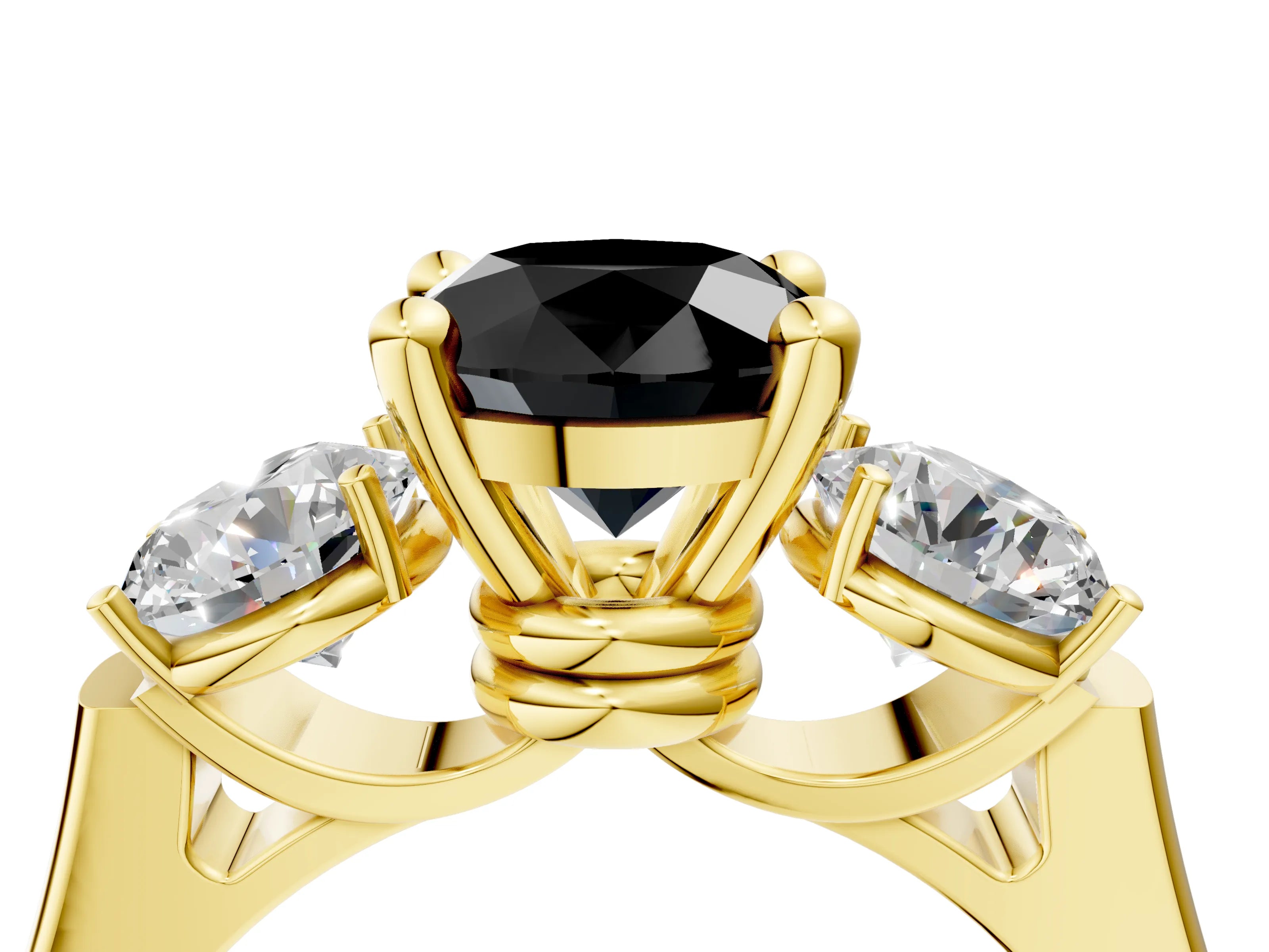 Yellow gold Three-Stone Fancy Black Round Cut Brilliant Diamond Trellis Ring with Comfort Fit Band_16