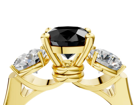 Yellow gold Three-Stone Fancy Black Round Cut Brilliant Diamond Trellis Ring with Comfort Fit Band_16