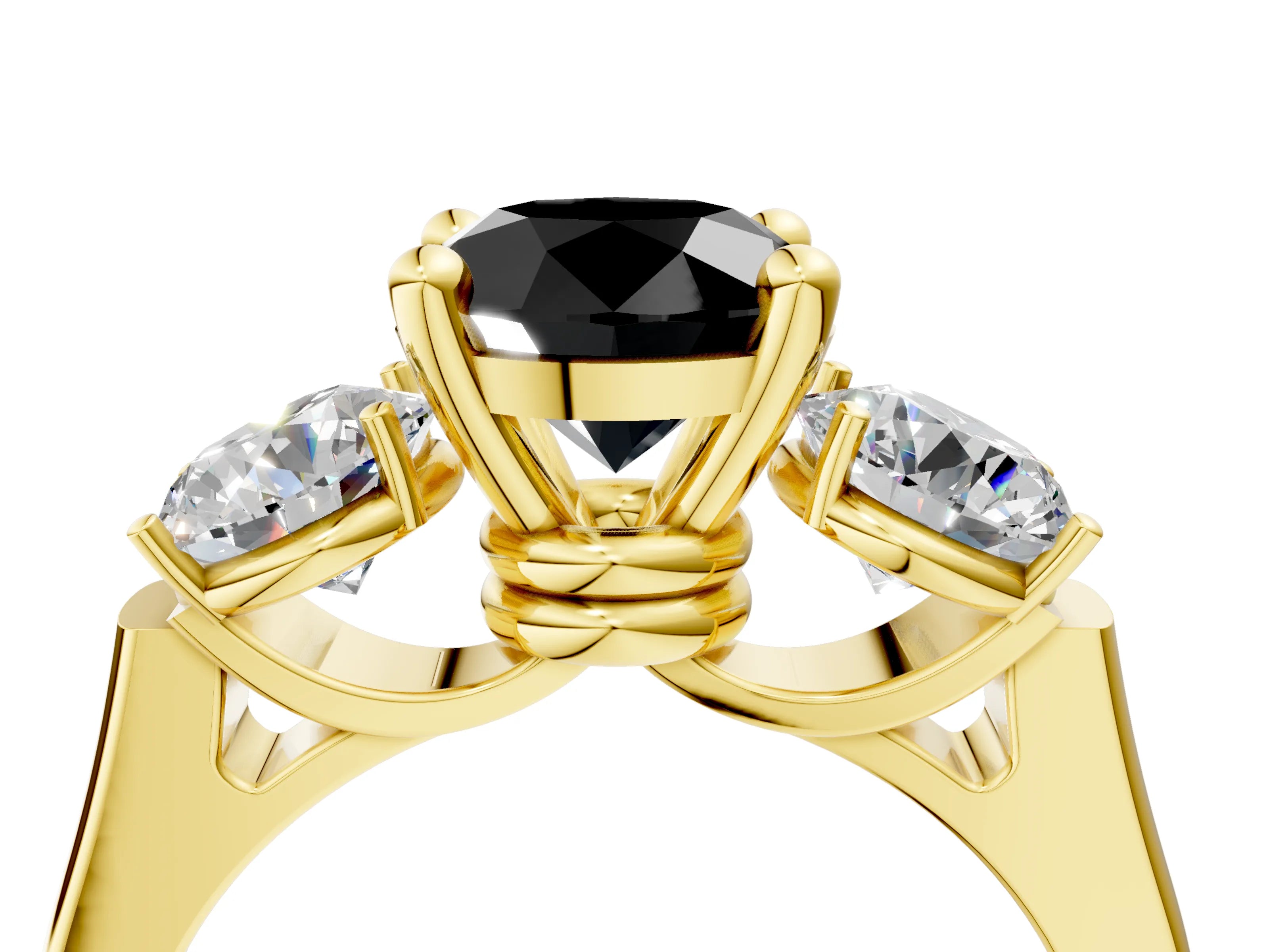 Yellow gold Three-Stone Fancy Black Round Cut Brilliant Diamond Trellis Ring with Comfort Fit Band_4