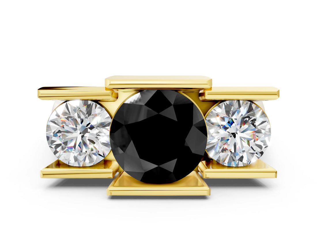Yellow gold Three Stone Fancy Black Round Cut Cut Channel Set Diamond Ring