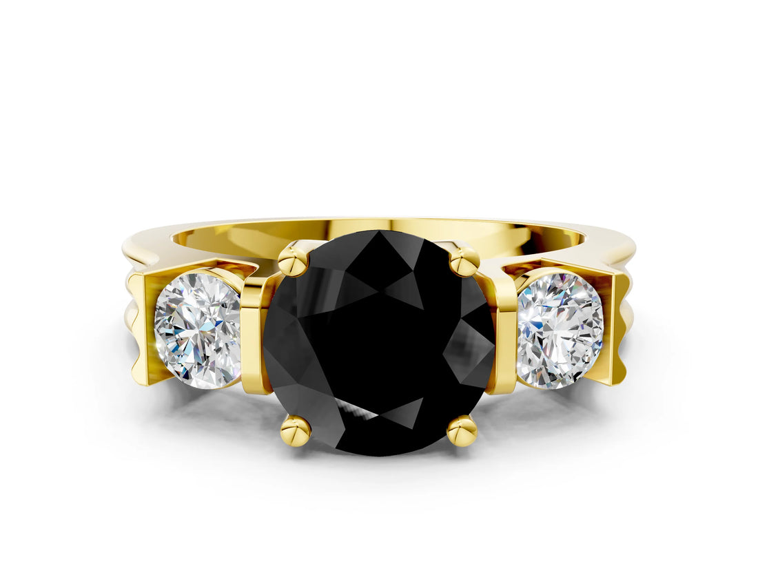 Yellow gold Three-Stone Fancy Black Round Cut Cut Classic Band Prong Setting Ring