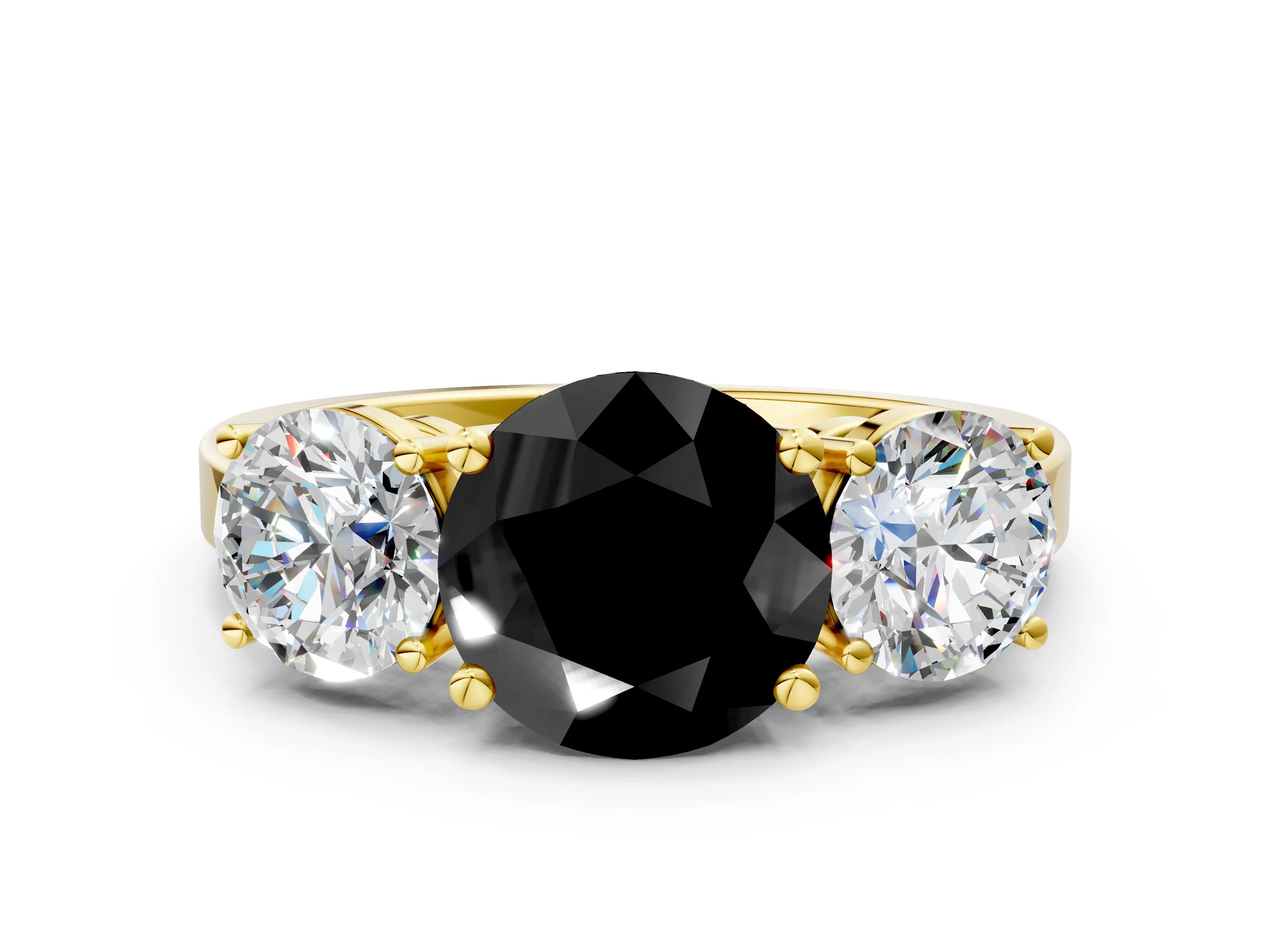 Yellow gold Three-Stone Fancy Black Round Cut Cut Diamond Engagement Ring with Flat Band and Four-Prong Setting