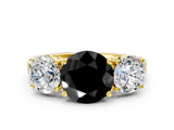 Yellow gold Three-Stone Fancy Black Round Cut Cut Diamond Engagement Ring with Flat Band and Four-Prong Setting