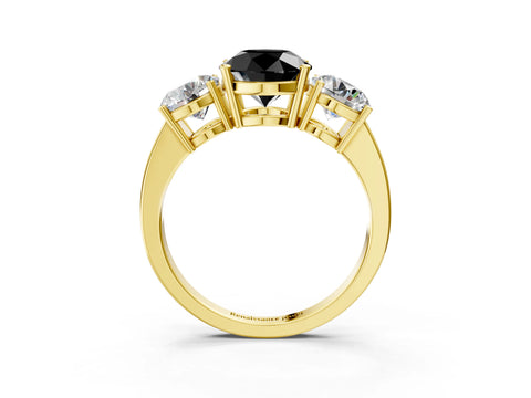 Yellow gold Three-Stone Fancy Black Round Cut Cut Diamond Engagement Ring with Flat Band and Four-Prong Setting_15