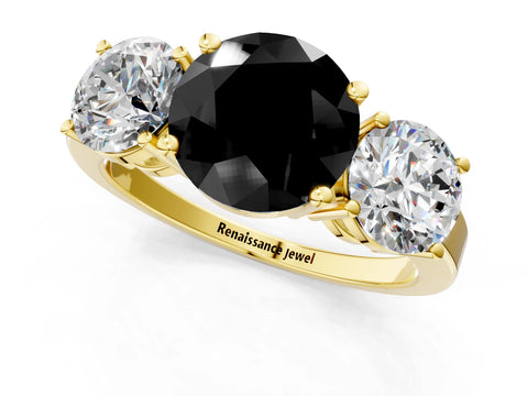Yellow gold Three-Stone Fancy Black Round Cut Cut Diamond Engagement Ring with Flat Band and Four-Prong Setting_1