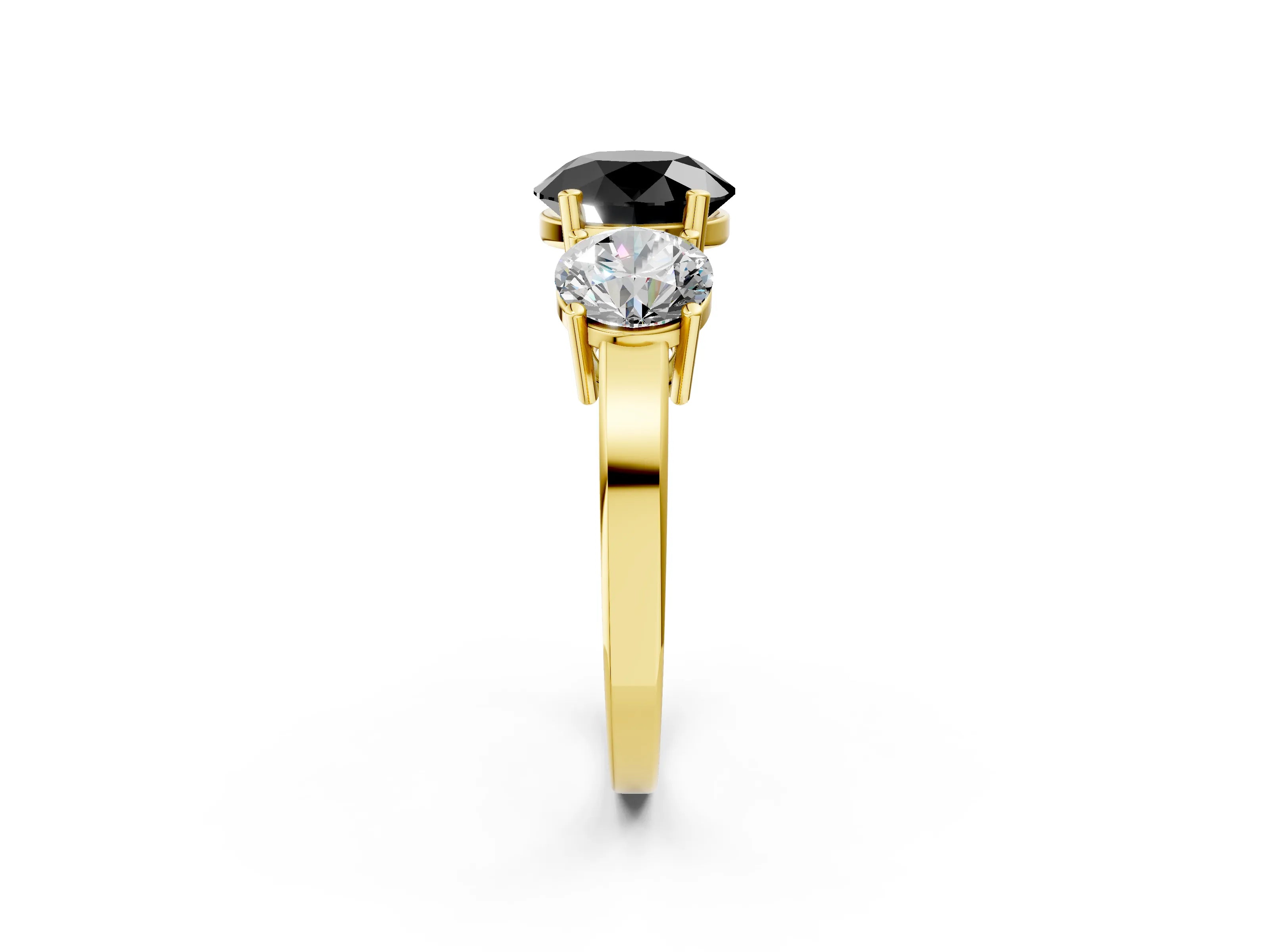 Yellow gold Three-Stone Fancy Black Round Cut Cut Diamond Engagement Ring with Flat Band and Four-Prong Setting_2