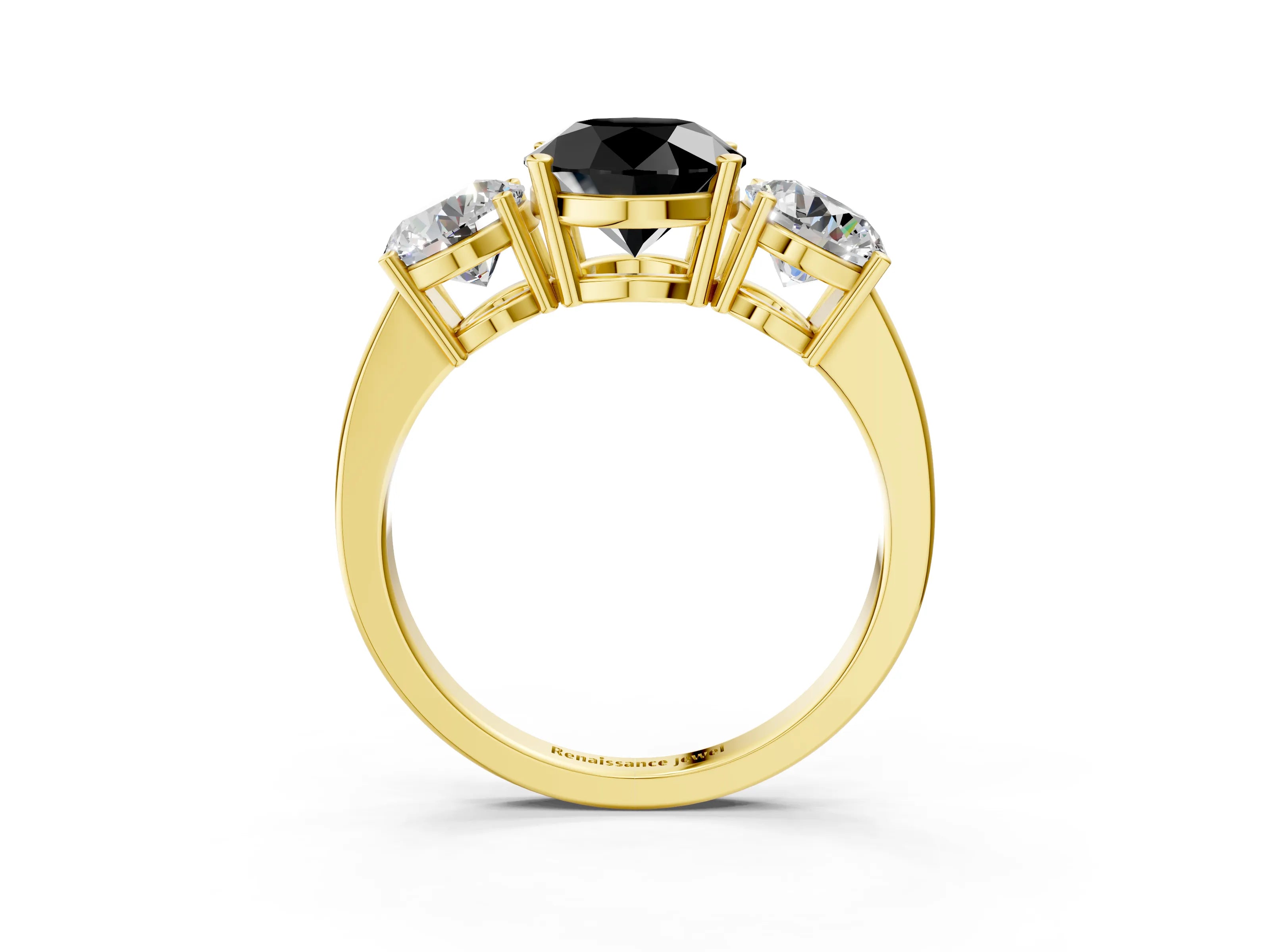 Yellow gold Three-Stone Fancy Black Round Cut Cut Diamond Engagement Ring with Flat Band and Four-Prong Setting_3