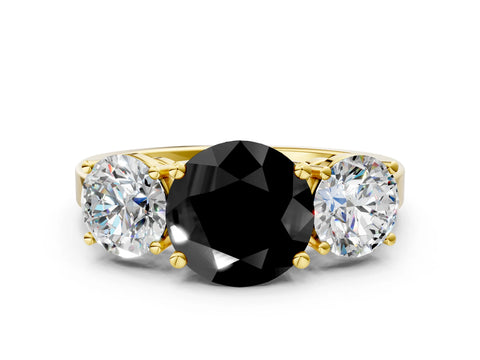 Yellow gold Three-Stone Fancy Black Round Cut Cut Diamond Engagement Ring with Flat Band and Four-Prong Setting
