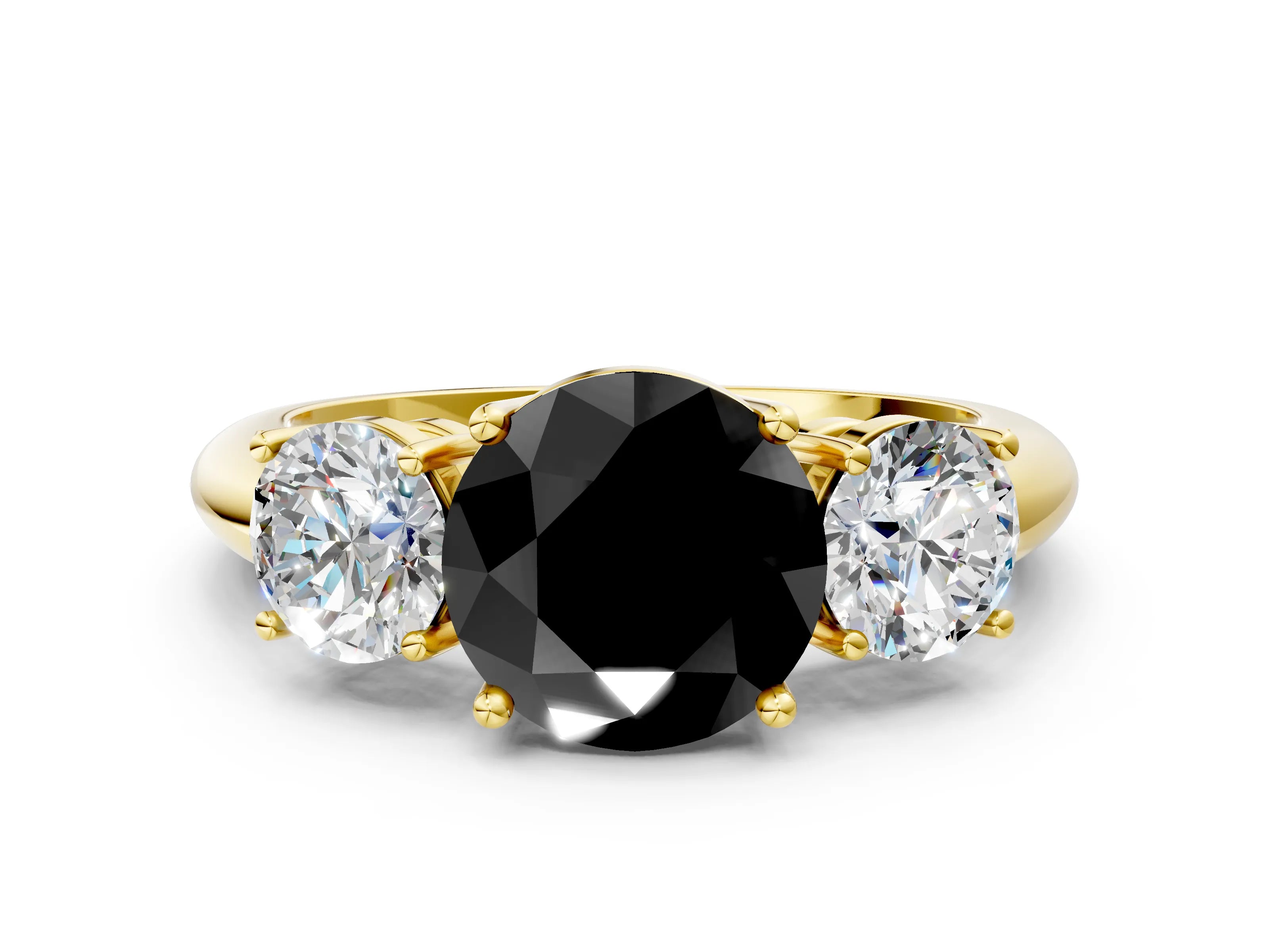 Yellow gold Three-Stone Fancy Black Round Cut Cut Diamond Engagement Ring with Prong Setting on a White Gold Band