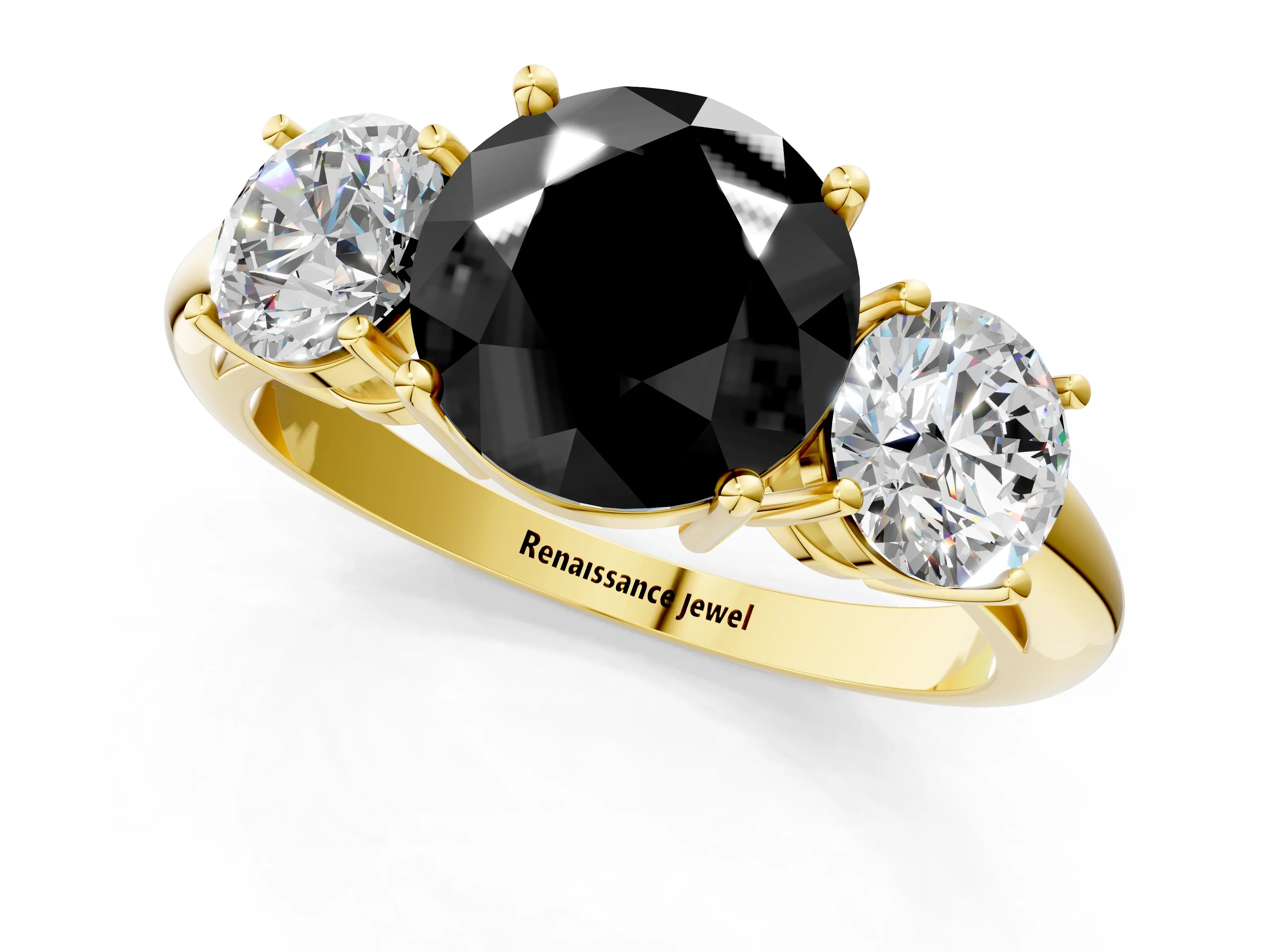 Yellow gold Three-Stone Fancy Black Round Cut Cut Diamond Engagement Ring with Prong Setting on a White Gold Band_1