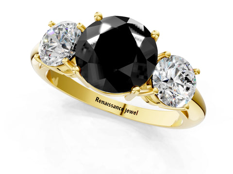 Yellow gold Three-Stone Fancy Black Round Cut Cut Diamond Engagement Ring with Prong Setting on a White Gold Band_25