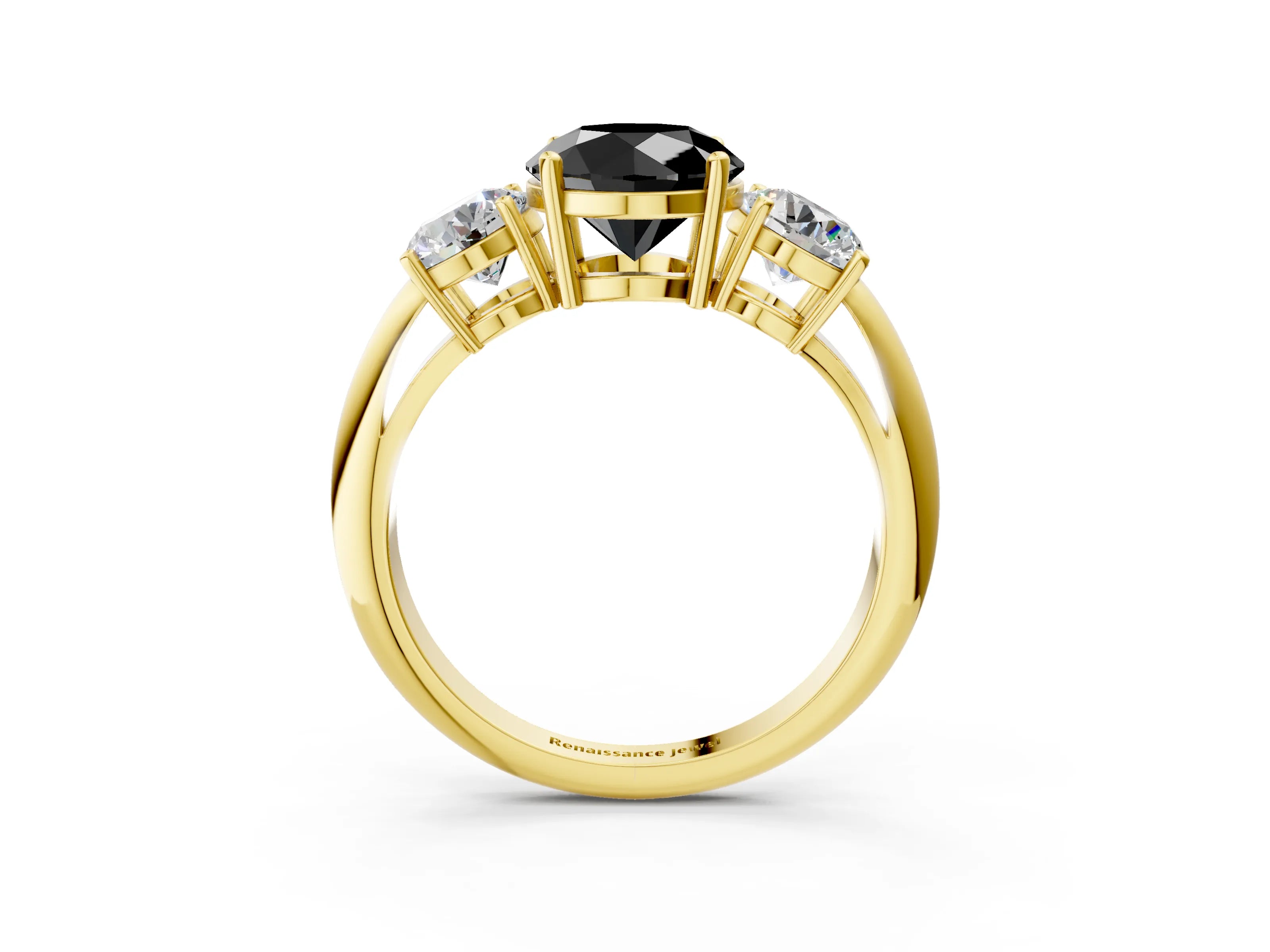 Yellow gold Three-Stone Fancy Black Round Cut Cut Diamond Engagement Ring with Prong Setting on a White Gold Band_3