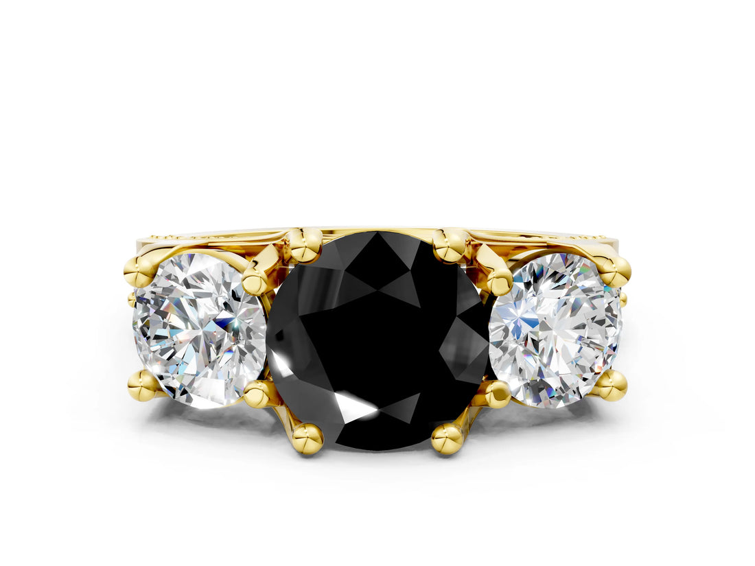Yellow gold Three-Stone Fancy Black Round Cut Cut Diamond Ring with Channel-Set Band and Four-Prong Setting_12