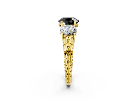 Yellow gold Three-Stone Fancy Black Round Cut Cut Diamond Ring with Channel-Set Band and Prong Setting_2