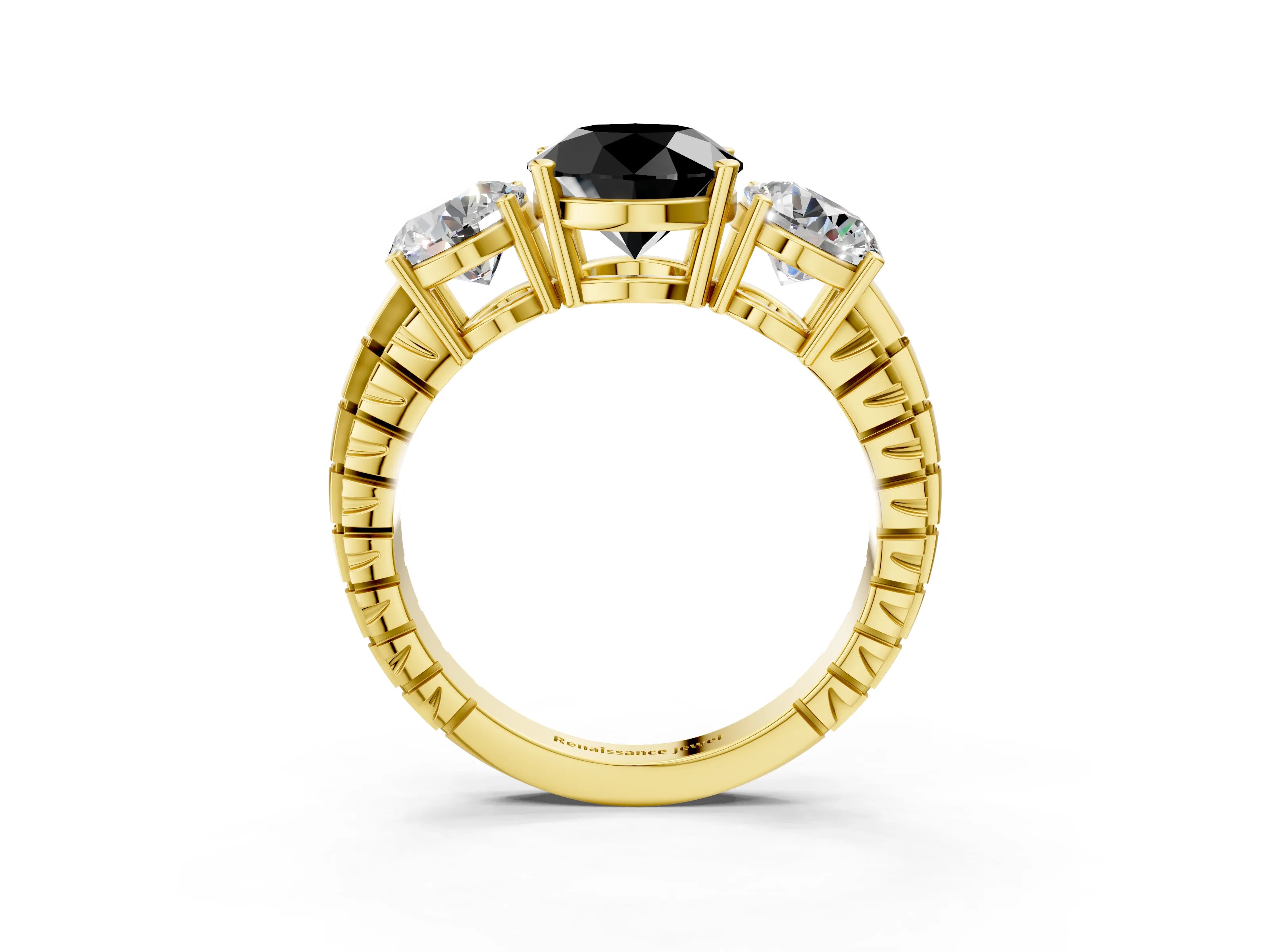 Yellow gold Three-Stone Fancy Black Round Cut Cut Diamond Ring with Channel-Set Band and Prong Setting_3