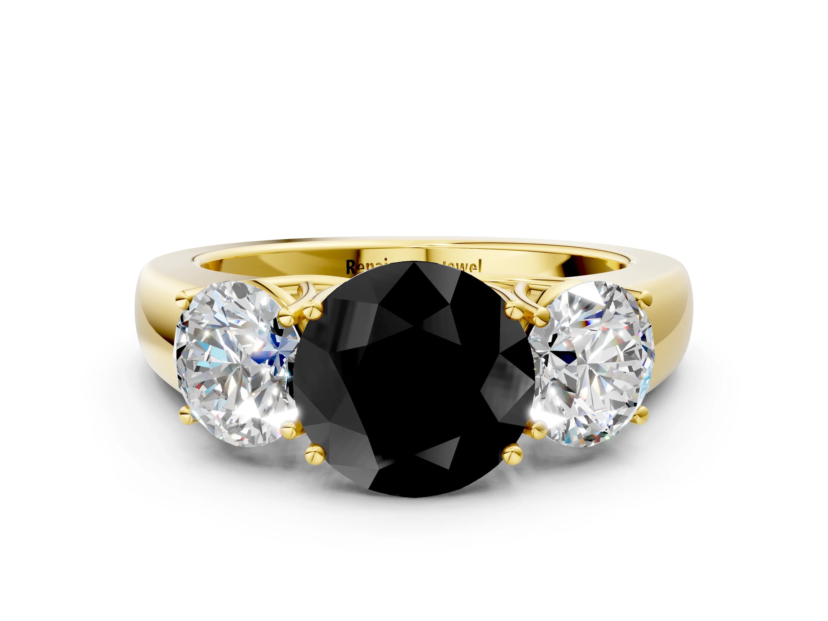 Yellow gold Three-Stone Fancy Black Round Cut Cut Diamond Ring with Prong Setting and Classic Band