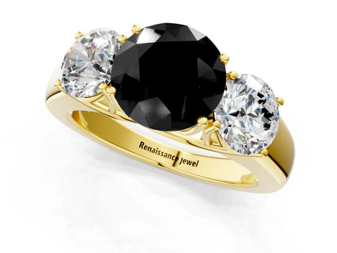 Yellow gold Three-Stone Fancy Black Round Cut Cut Diamond Ring with Prong Setting and Classic Band_1