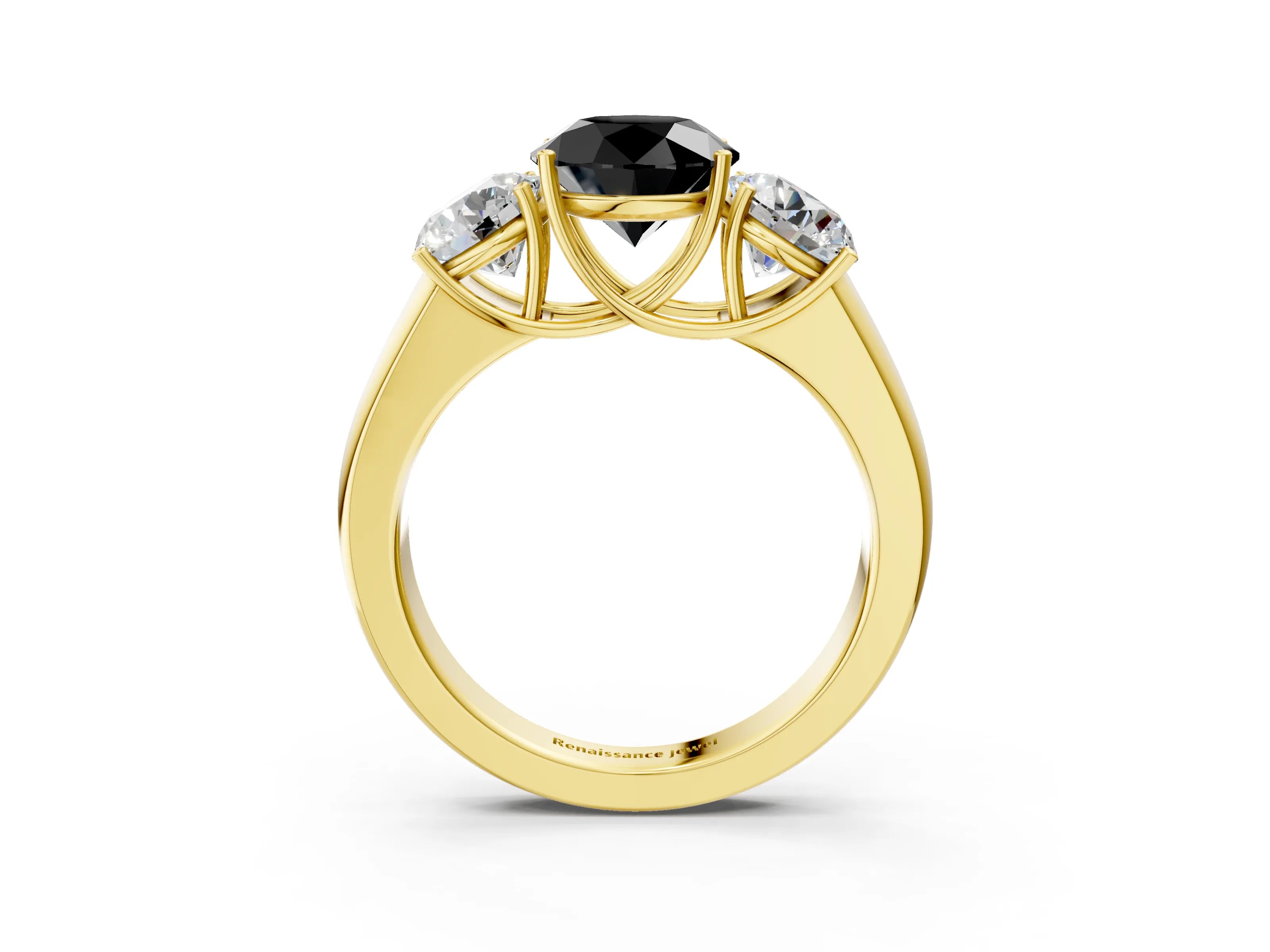 Yellow gold Three-Stone Fancy Black Round Cut Cut Diamond Ring with Prong Setting and Classic Band_3