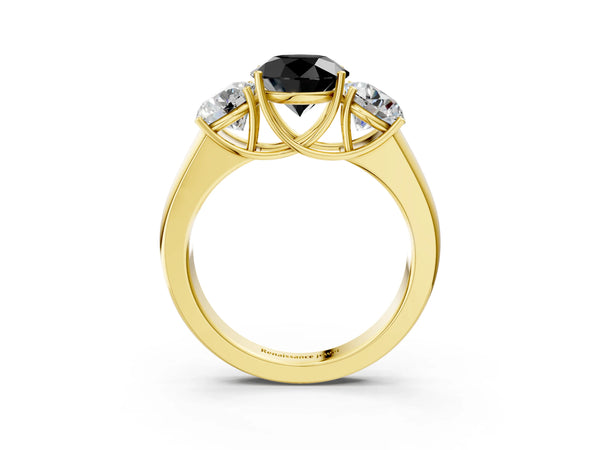 Yellow Gold Round Three Stone Engagement Ring Setting for Black Center with Matching Sides