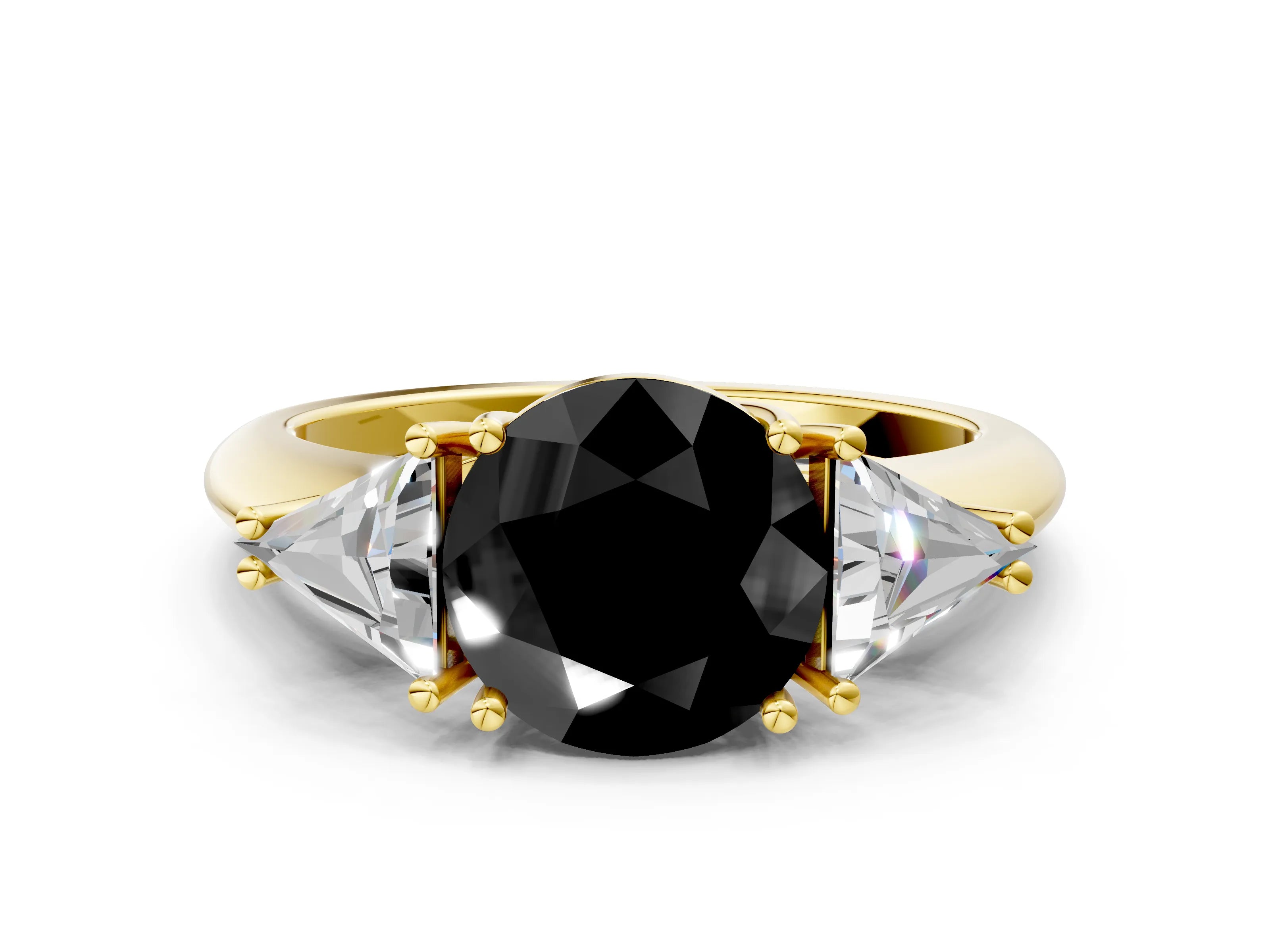 Yellow gold Three-Stone Fancy Black Round Cut Cut Diamond Ring with Trillion Side Stones and Four-Prong Setting_3