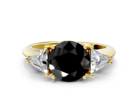 Yellow gold Three-Stone Fancy Black Round Cut Cut Diamond Ring with Trillion Side Stones and Four-Prong Setting_3