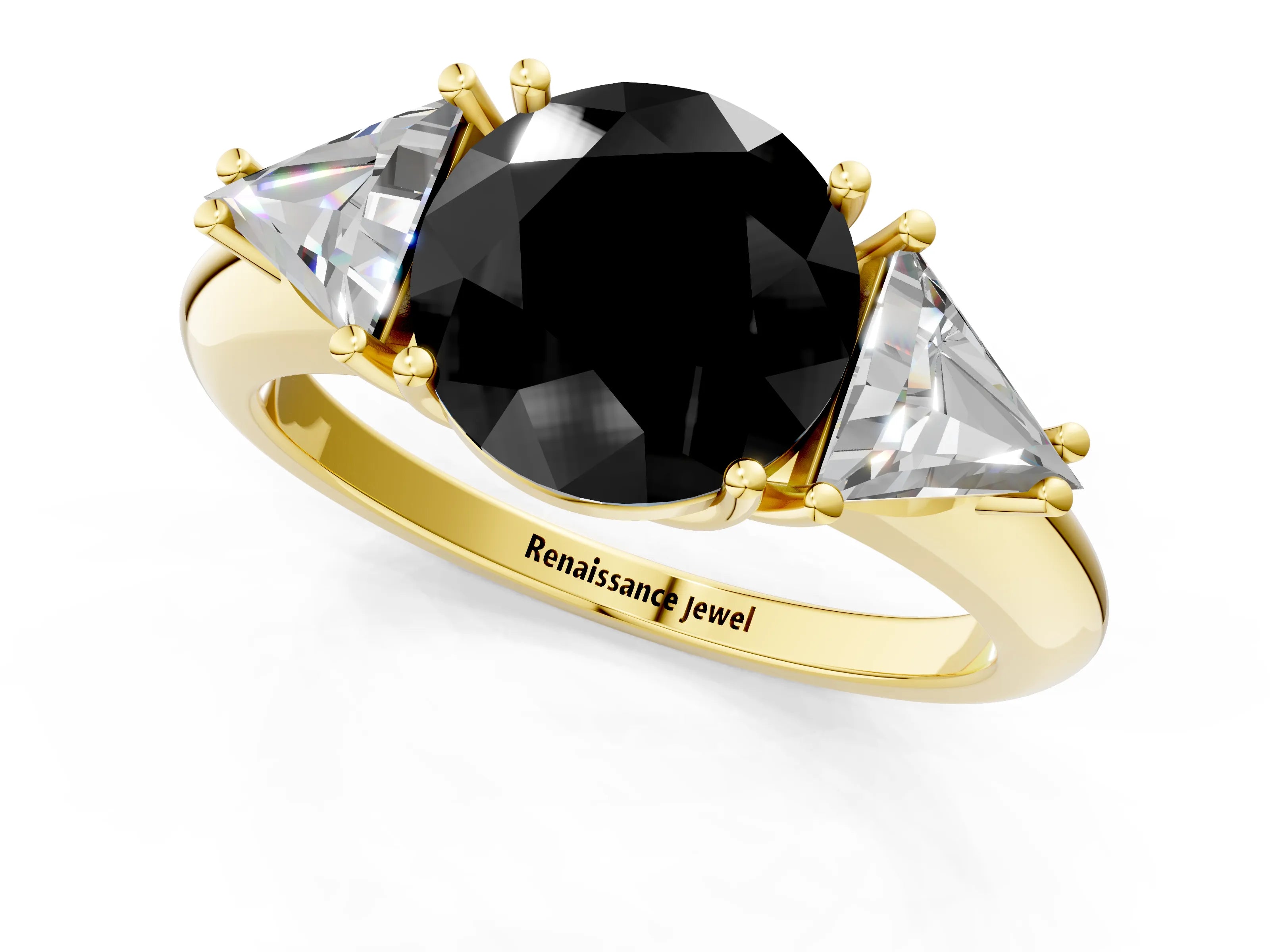 Yellow gold Three-Stone Fancy Black Round Cut Cut Diamond Ring with Trillion Side Stones and Four-Prong Setting_4