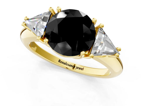 Yellow gold Three-Stone Fancy Black Round Cut Cut Diamond Ring with Trillion Side Stones and Four-Prong Setting_4