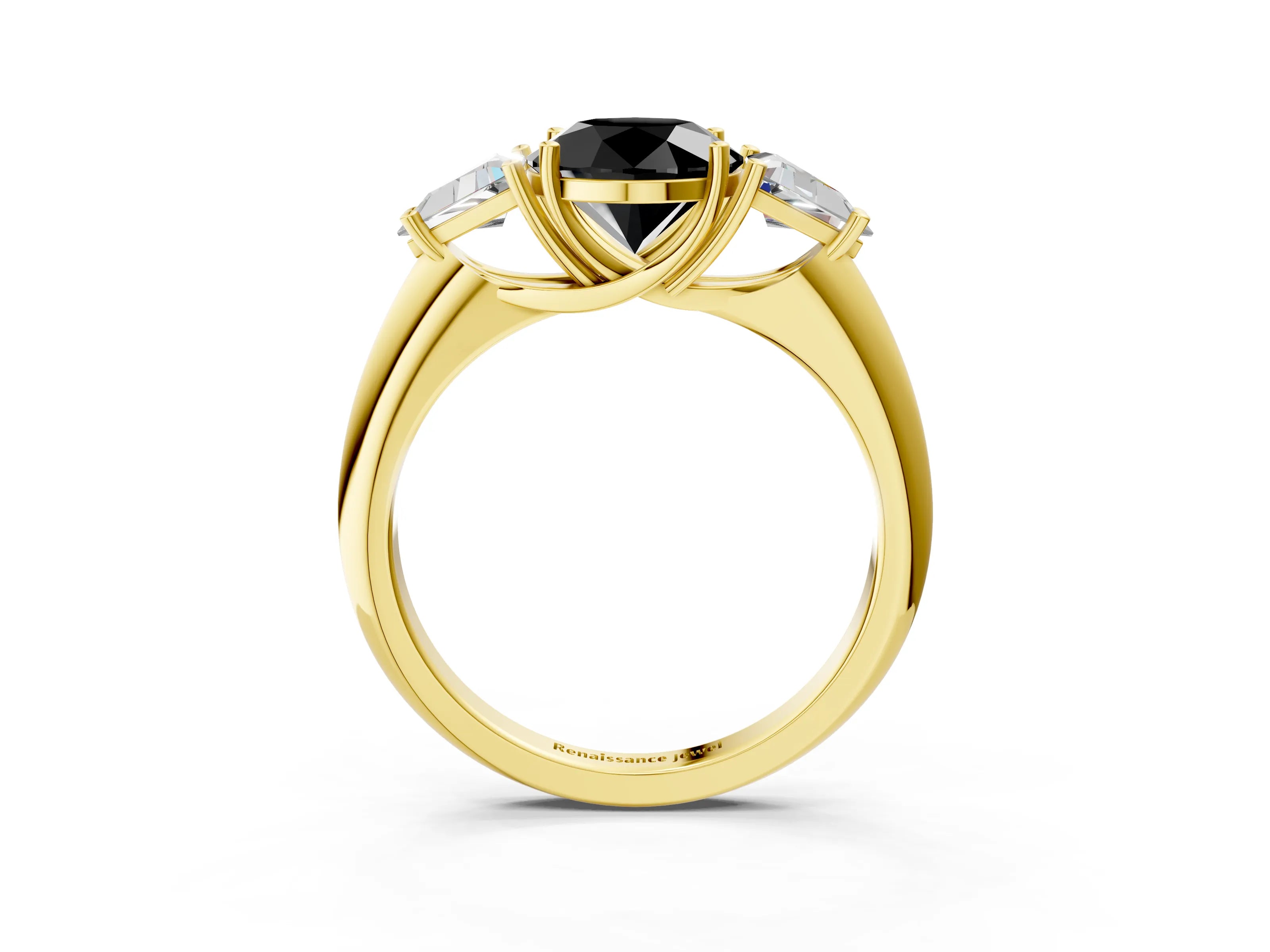 Yellow gold Three-Stone Fancy Black Round Cut Cut Diamond Ring with Trillion Side Stones and Four-Prong Setting_6