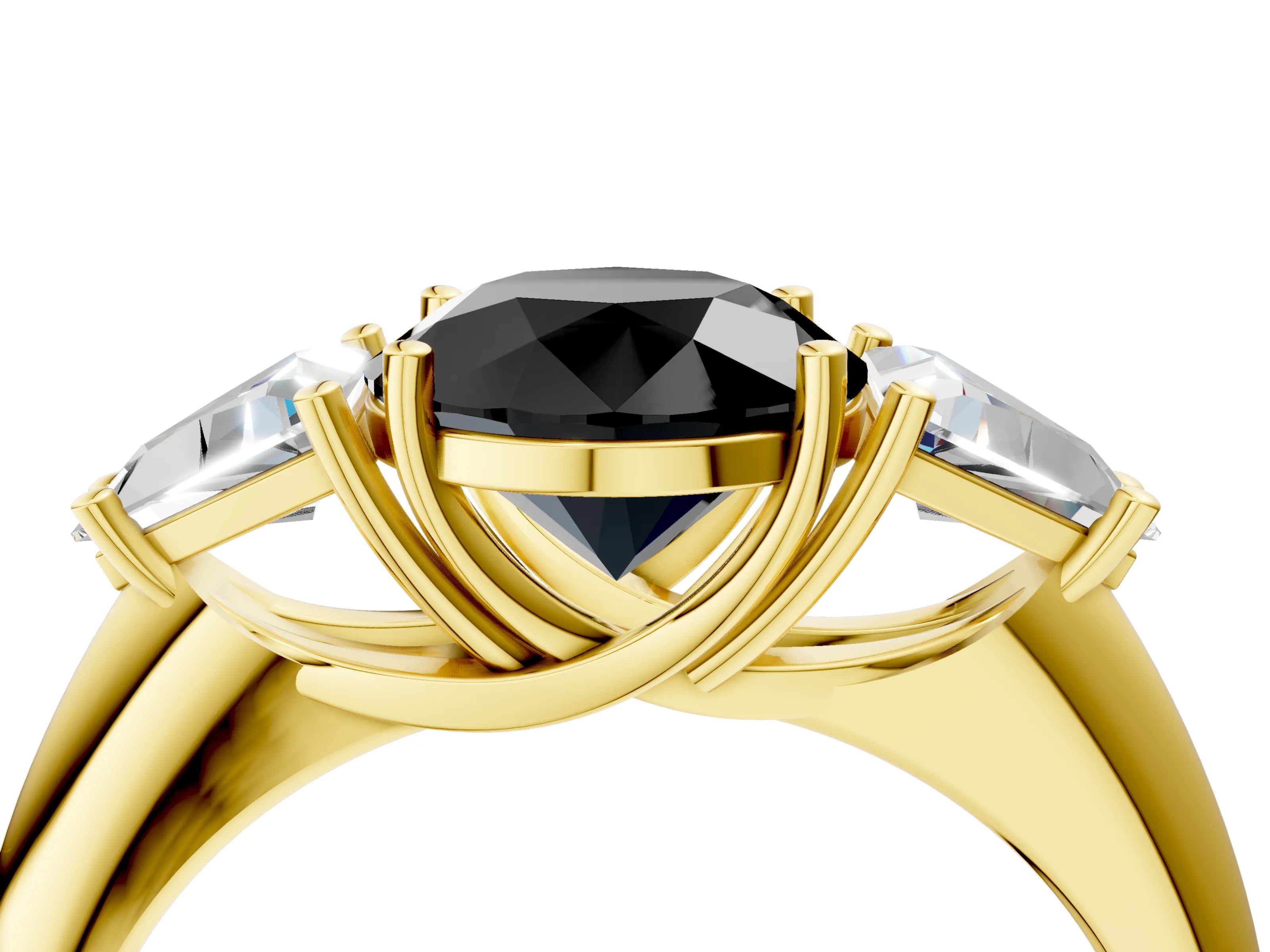 Yellow gold Three-Stone Fancy Black Round Cut Cut Diamond Ring with Trillion Side Stones and Four-Prong Setting_7