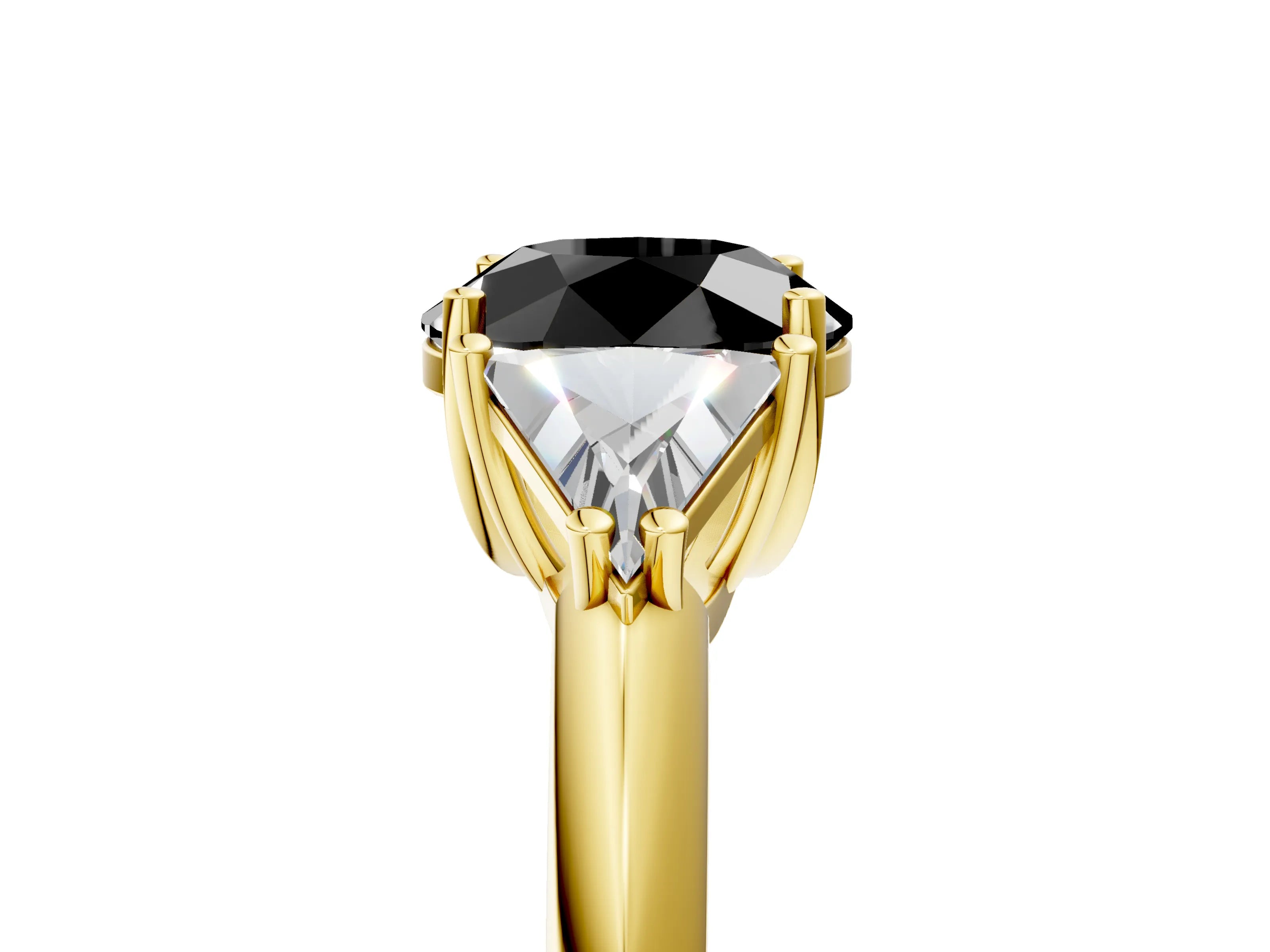 Yellow gold Three-Stone Fancy Black Round Cut Cut Diamond Ring with Trillion Side Stones and Four-Prong Setting_8