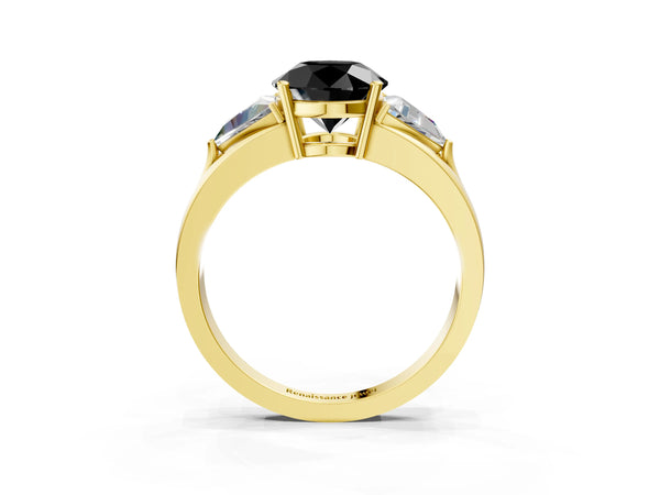 Yellow Gold Round Trillion Three Stone Engagement Ring Setting for Black Center