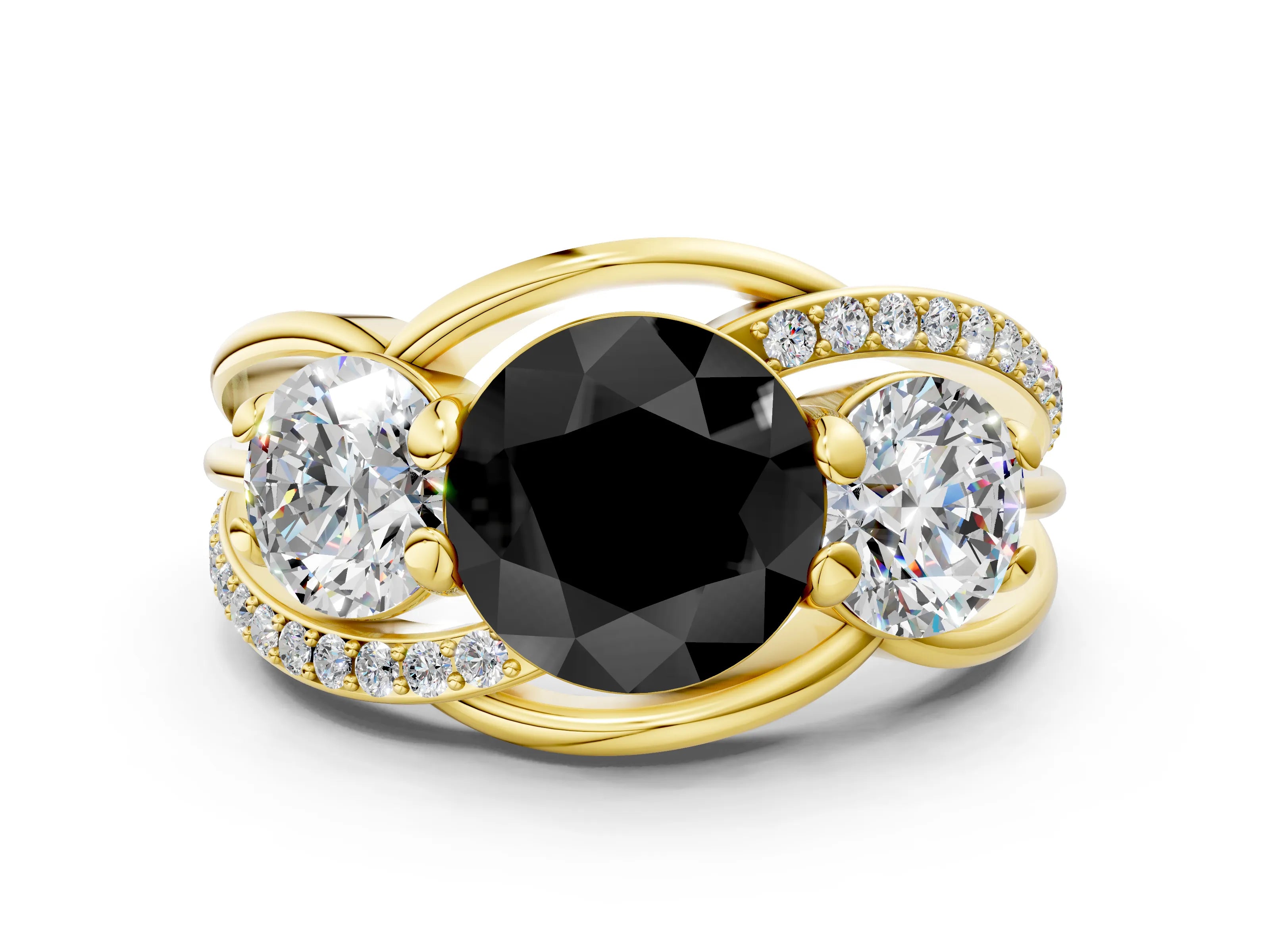Yellow gold Three-Stone Fancy Black Round Cut Cut Diamond Split Shank Prong Set Ring