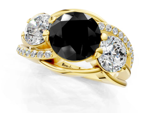 Yellow gold Three-Stone Fancy Black Round Cut Cut Diamond Split Shank Prong Set Ring_1