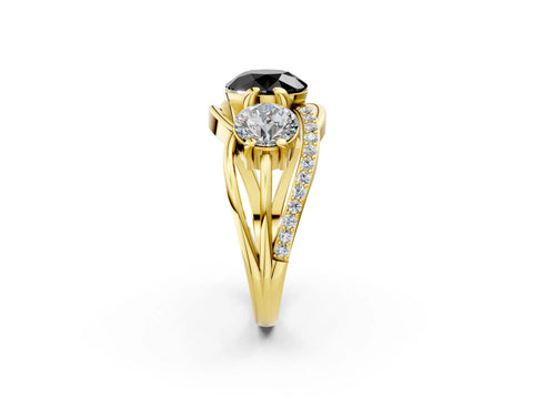 Yellow gold Three-Stone Fancy Black Round Cut Cut Diamond Split Shank Prong Set Ring_2