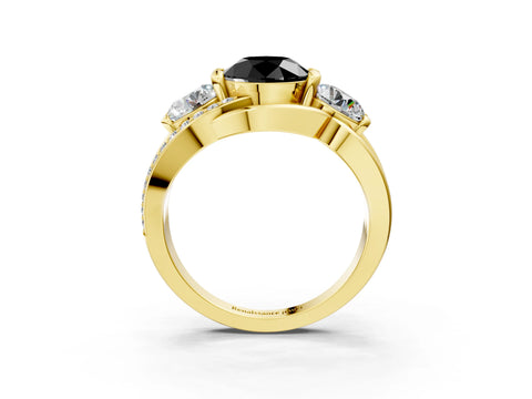 Yellow gold Three-Stone Fancy Black Round Cut Cut Diamond Split Shank Prong Set Ring_3