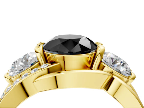 Yellow gold Three-Stone Fancy Black Round Cut Cut Diamond Split Shank Prong Set Ring_4