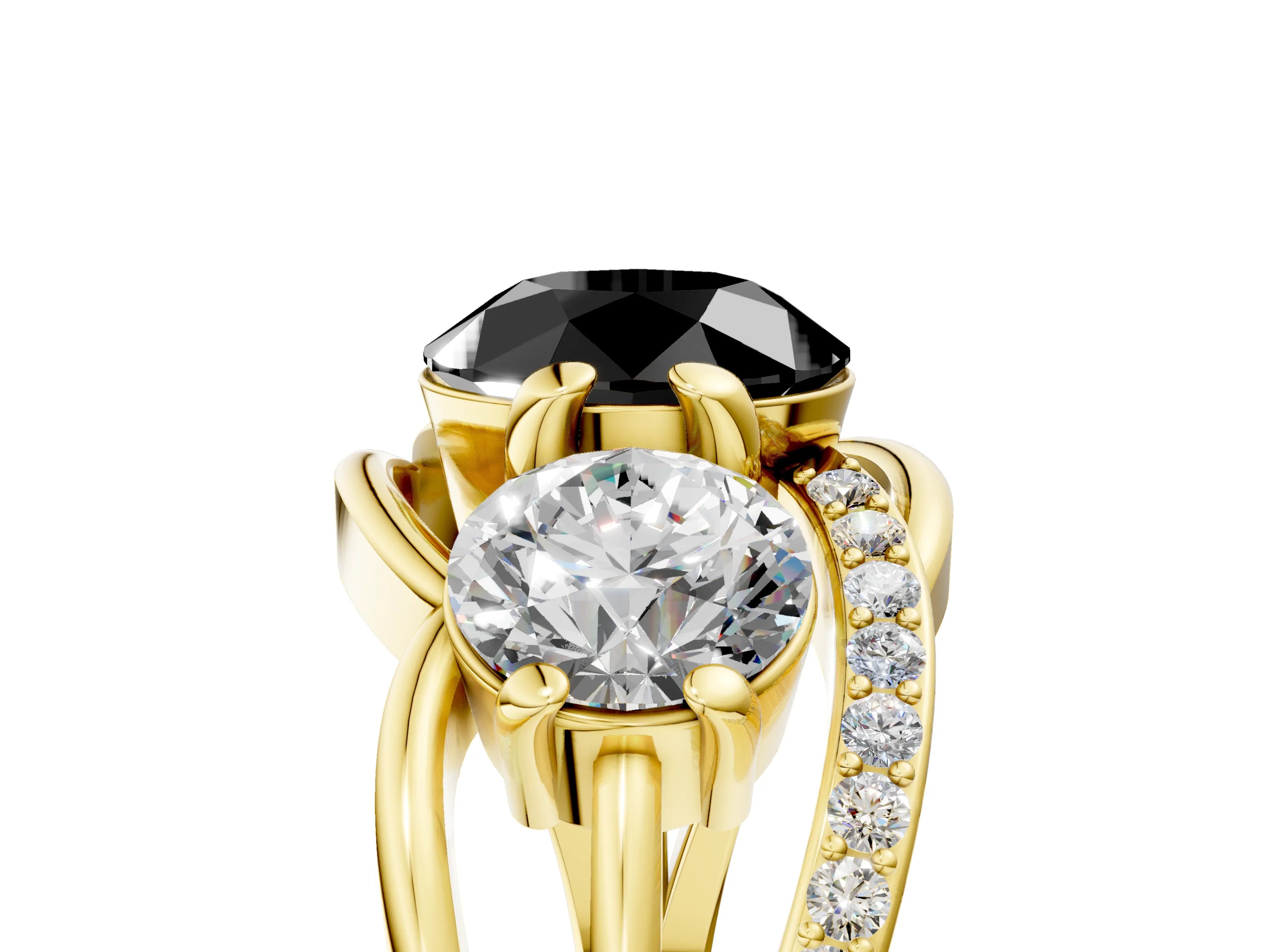 Yellow gold Three-Stone Fancy Black Round Cut Cut Diamond Split Shank Prong Set Ring_5