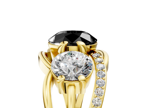 Yellow gold Three-Stone Fancy Black Round Cut Cut Diamond Split Shank Prong Set Ring_5