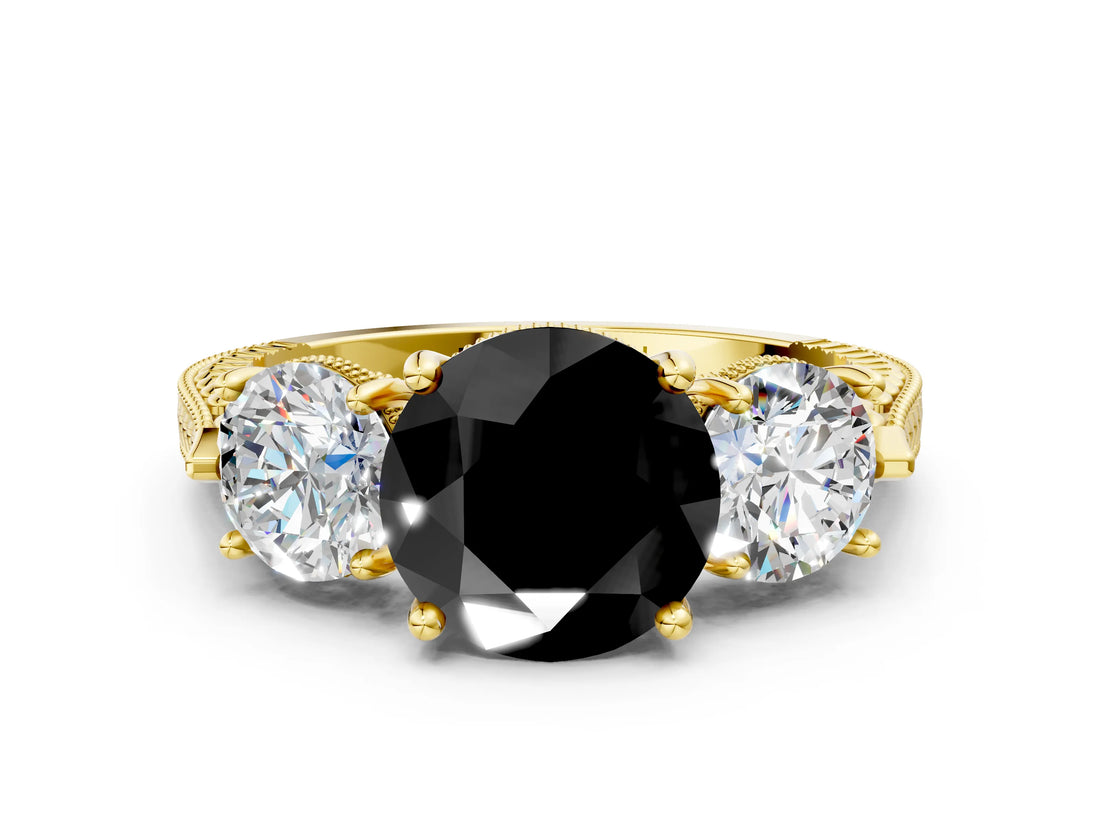 Yellow gold Three-Stone Fancy Black Round Cut Cut Milgrain Band Prong Setting Ring