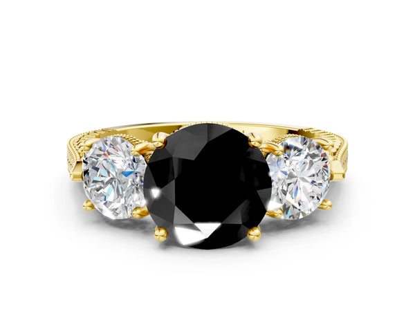 Yellow Gold Round Vintage Three Stone Engagement Ring Setting for Black Center