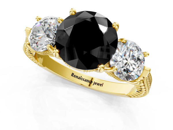 Yellow Gold Round Vintage Three Stone Engagement Ring Setting for Black Center