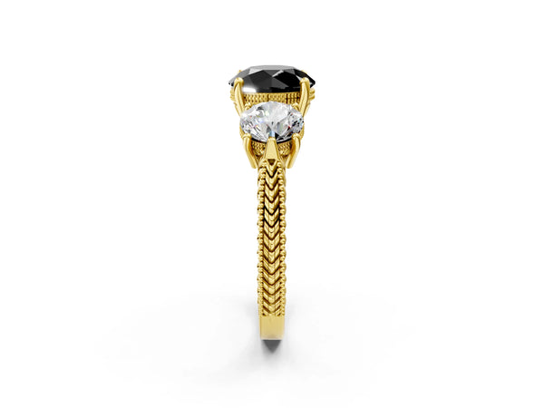 Yellow Gold Round Vintage Three Stone Engagement Ring Setting for Black Center