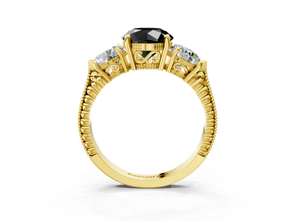 Yellow Gold Round Vintage Three Stone Engagement Ring Setting for Black Center