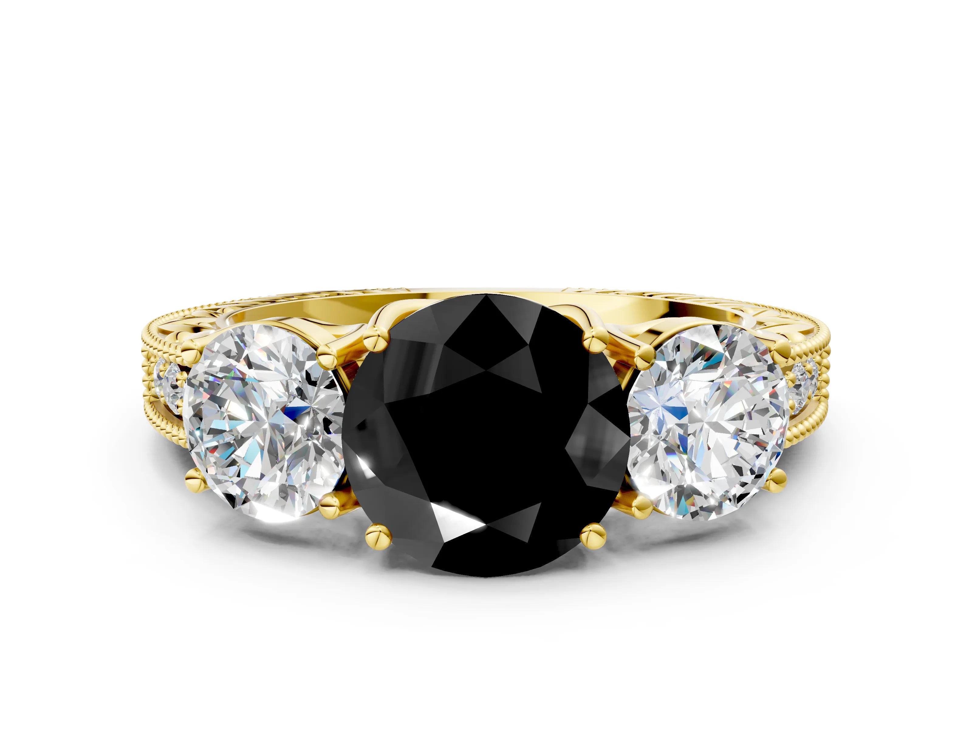 Yellow gold Three-Stone Fancy Black Round Cut Cut Milgrain Pavé Engagement Ring