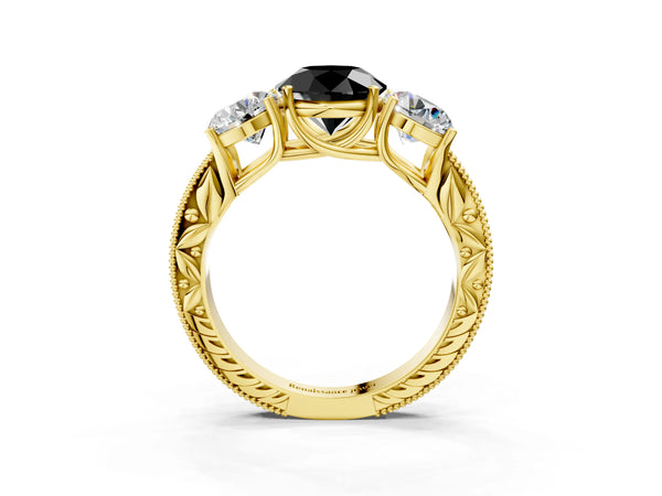Yellow Gold Round Engraved Three Stone Engagement Ring Setting for Black Center