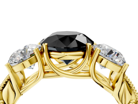 Yellow gold Three-Stone Fancy Black Round Cut Cut Milgrain Pavé Engagement Ring_16