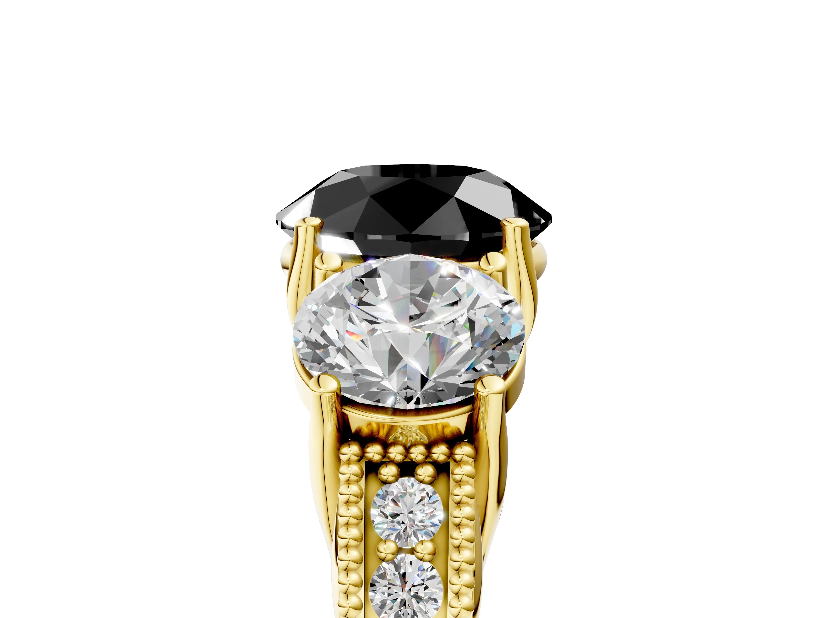 Yellow gold Three-Stone Fancy Black Round Cut Cut Milgrain Pavé Engagement Ring_17