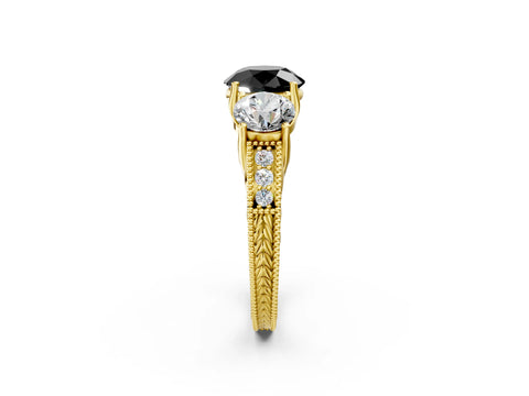 Yellow gold Three-Stone Fancy Black Round Cut Cut Milgrain Pavé Engagement Ring_2