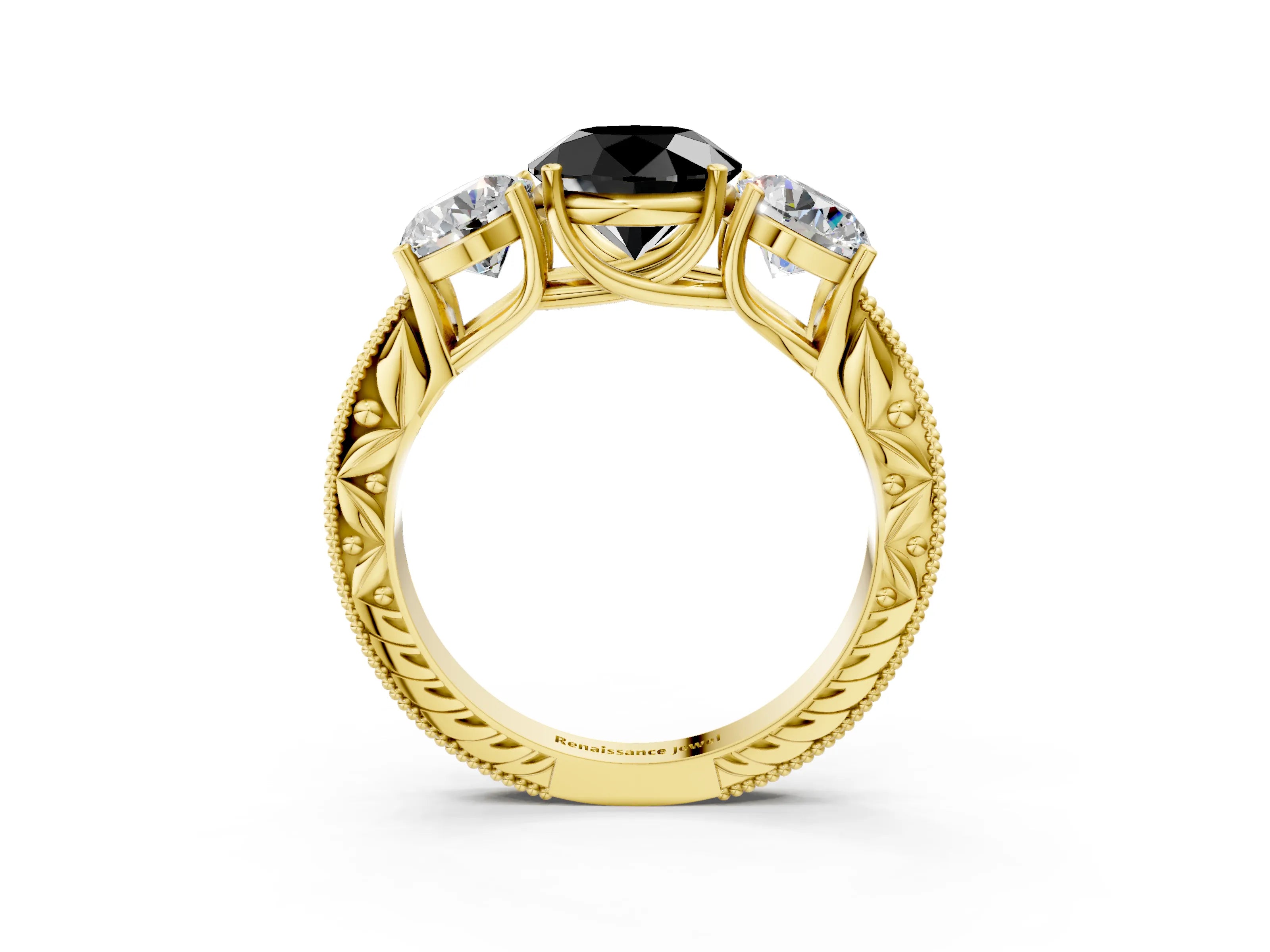 Yellow gold Three-Stone Fancy Black Round Cut Cut Milgrain Pavé Engagement Ring_3